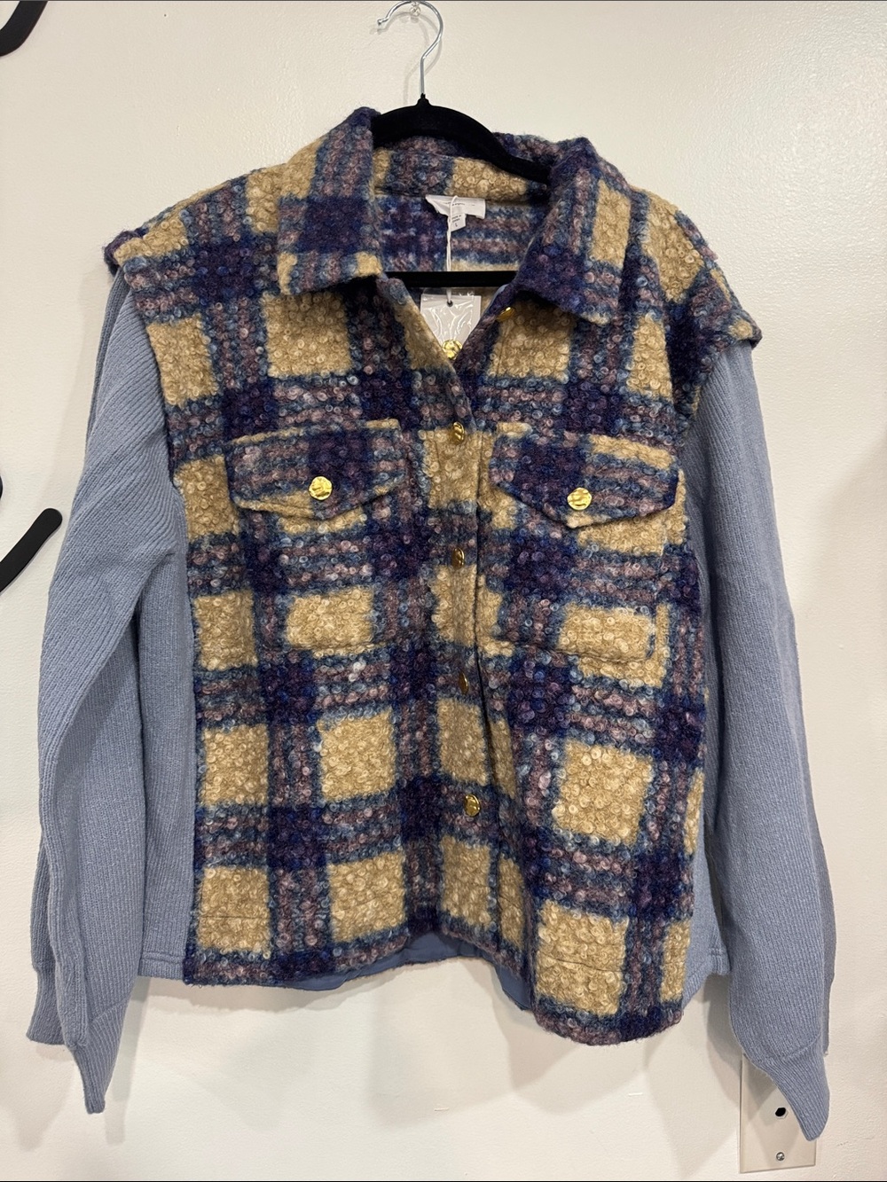 Checked Bouclé Teddy Shacket with Knit Sleeves - Cream & Blue